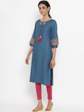 W Women Teal Flared Sleeves Thread Work Kurta