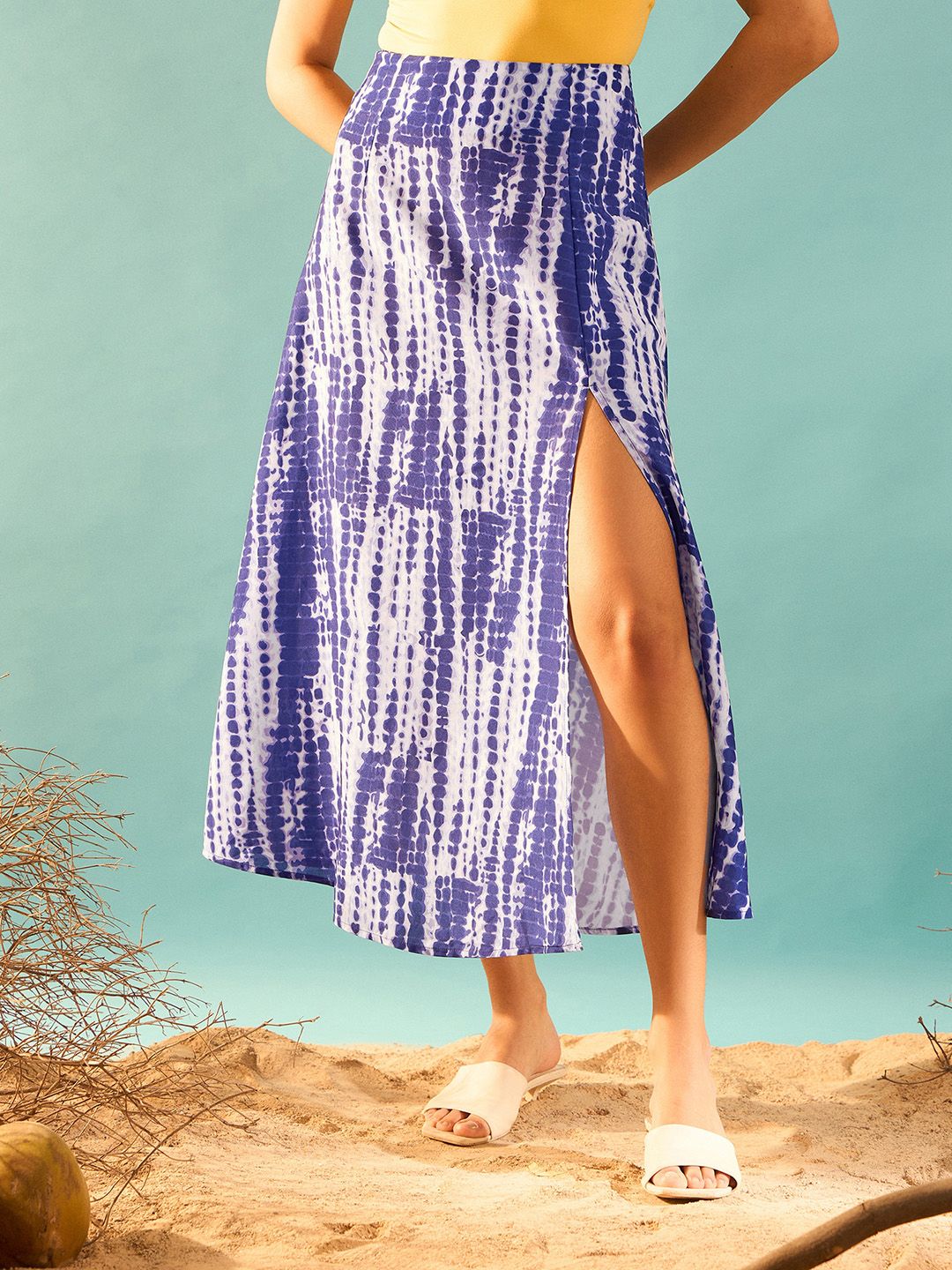 Berrylush Tie and Dye Printed Side Slit A-Line Midi Skirt