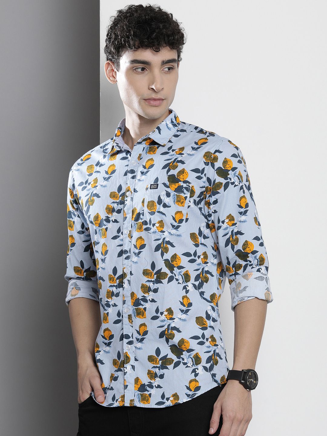 The Indian Garage Co Men Turquoise Blue & Yellow Floral Printed Cotton Casual Shirt