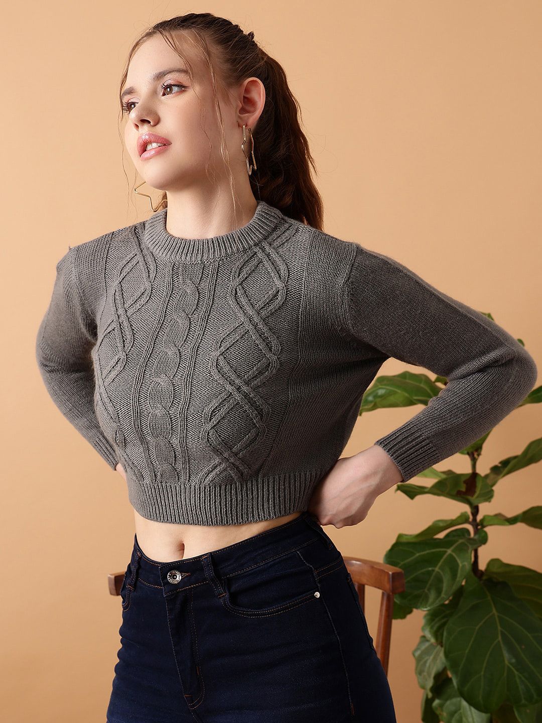 STREET 9 Cable Knit Crop Acrylic Sweater