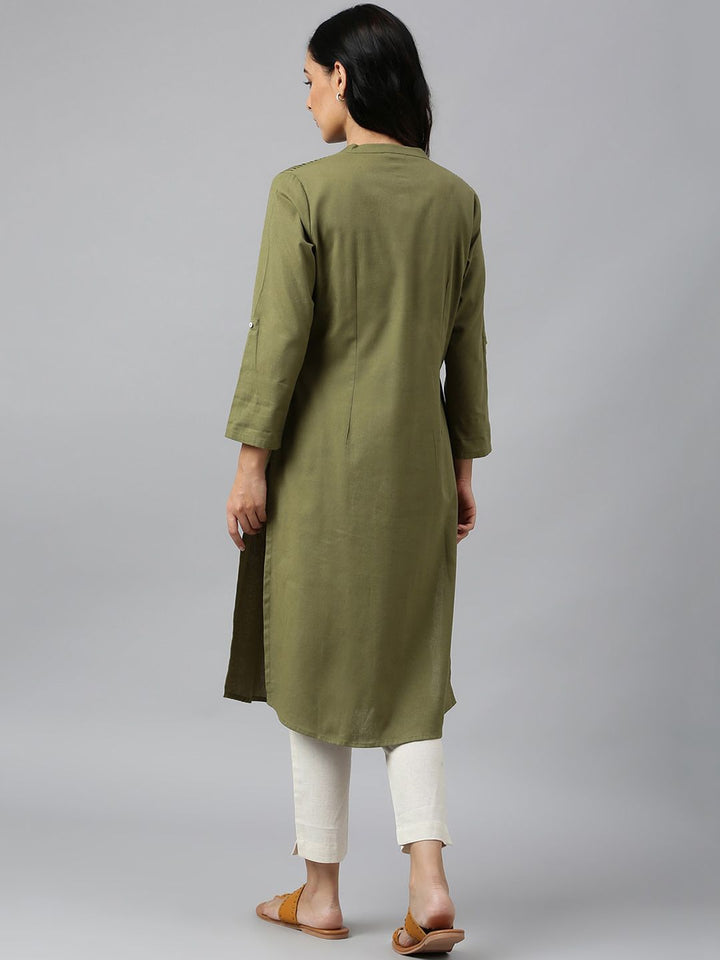 W Green Mandarin Collar Cotton A-line Kurta