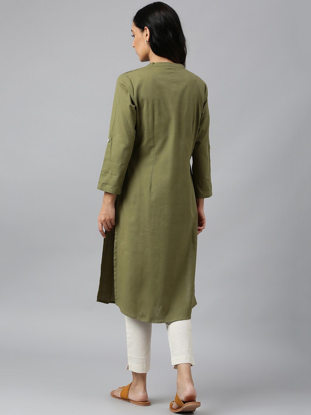 W Green Mandarin Collar Cotton A-line Kurta