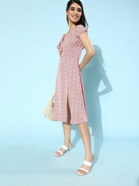 Berrylush Pink Ditsy Floral Print Tie-Up Neck A-Line Dress