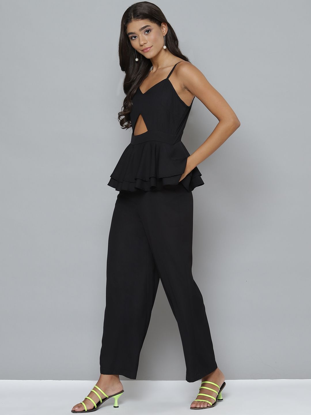 SASSAFRAS Black Peplum Layered Jumpsuit With Cut-out Detail