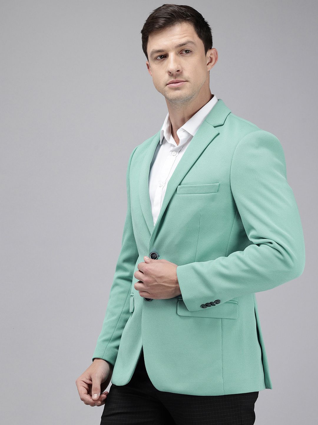 Park Avenue Notched Lapel Single Breasted Self Design Super Slim Fit Formal Blazer
