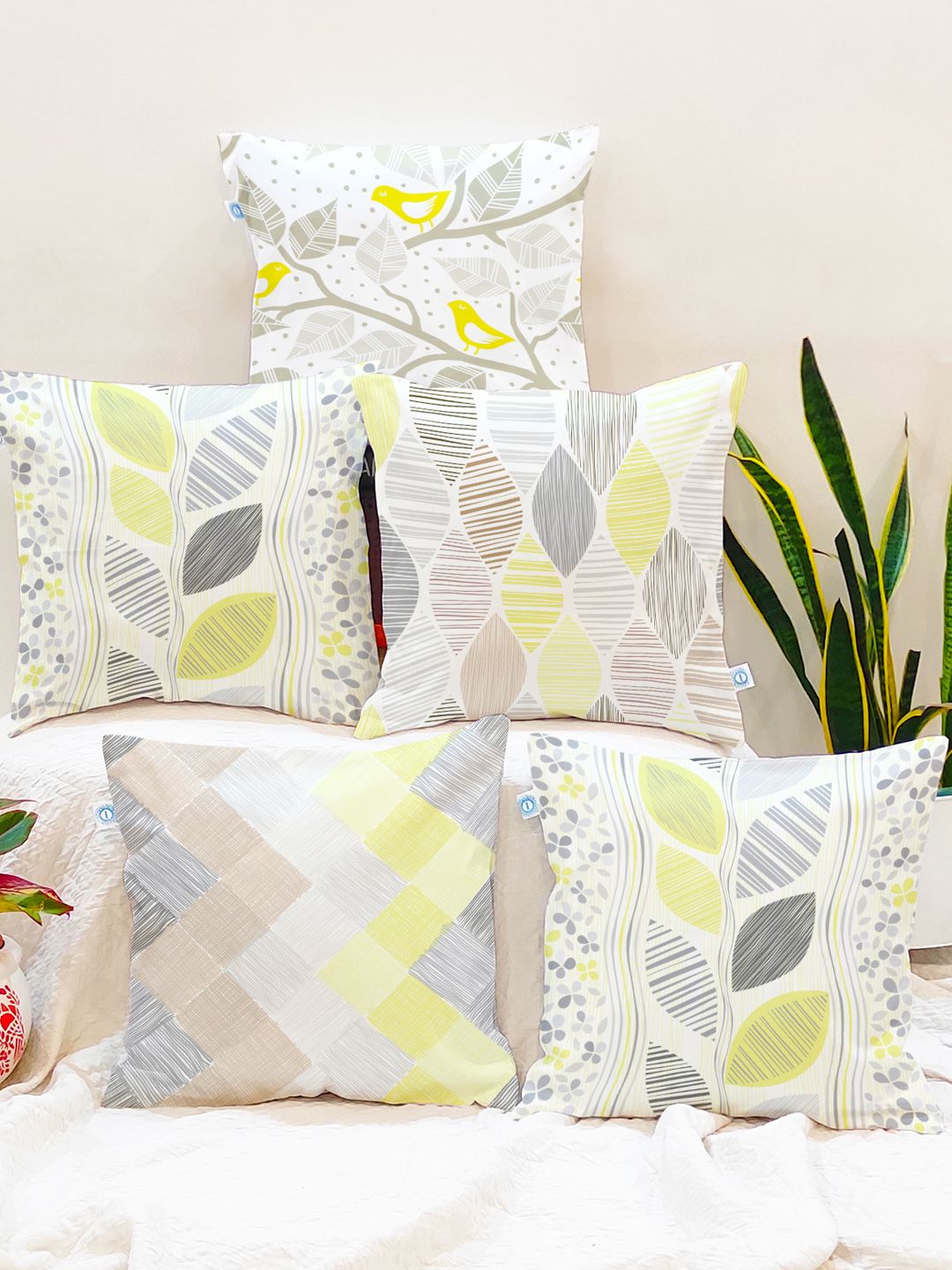 STITCHNEST White & Yellow Set of 5 Floral Square Cushion Covers
