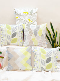 STITCHNEST White & Yellow Set of 5 Floral Square Cushion Covers