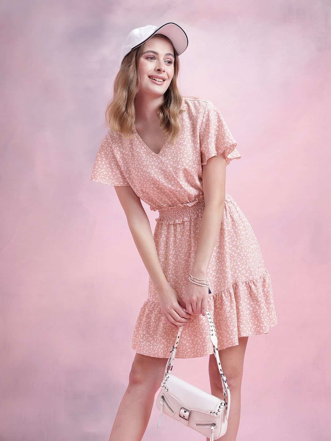 DressBerry Floral Print Smocked Detail Flared Sleeves A-Line Dress