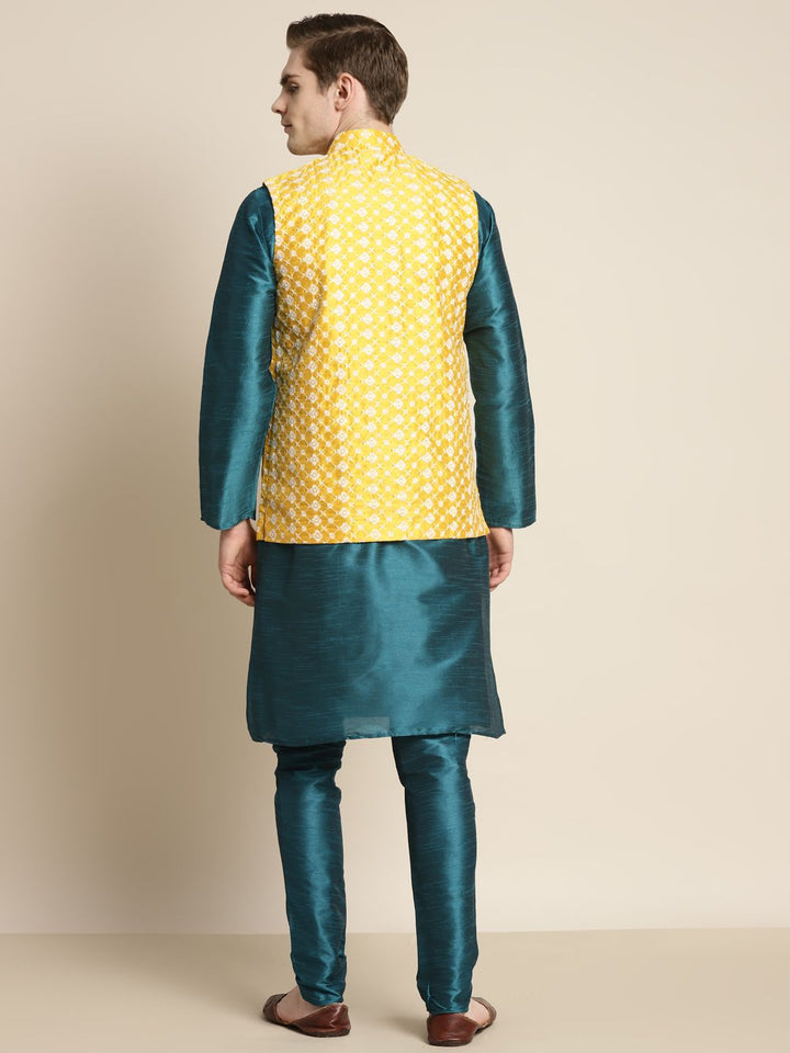SOJANYA Men Kurta with Churidar & Ethnic Motifs Embroidered Nehru Jacket