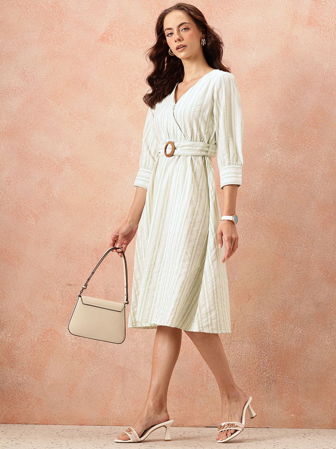 all about you Vertically Striped Seersucker Wrap-Style Midi A-Line Dress with Belt