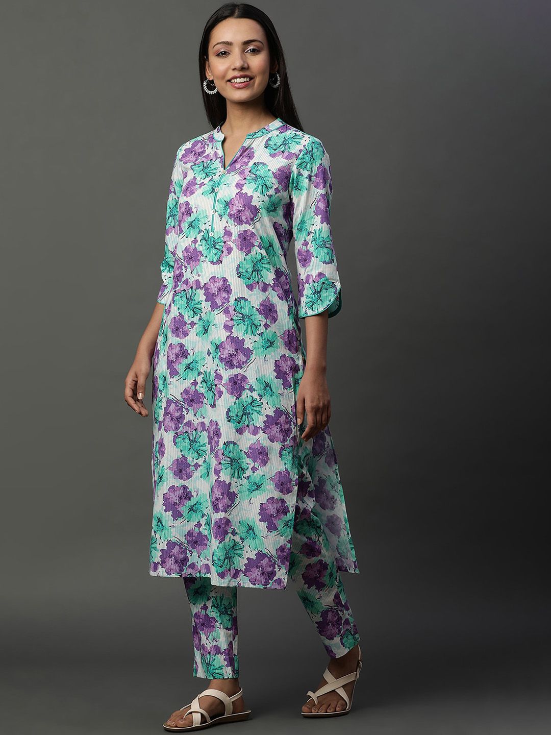AURELIA Floral Printed Regular Pure Cotton Band Collar Straight Kurta with Trousers
