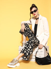 Berrylush Women Stylish Black Animal Printed Wide Leg Bottom Trousers