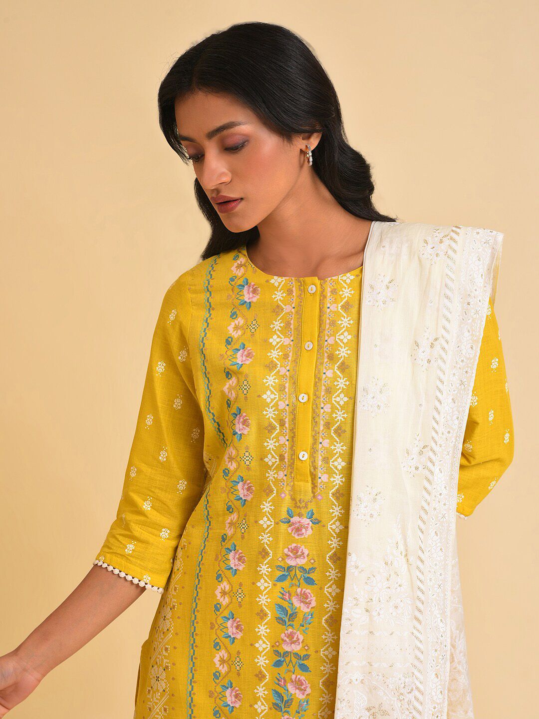 W Mustard Yellow & White Floral Printed Pure Cotton Kurta With Leggings & Dupatta