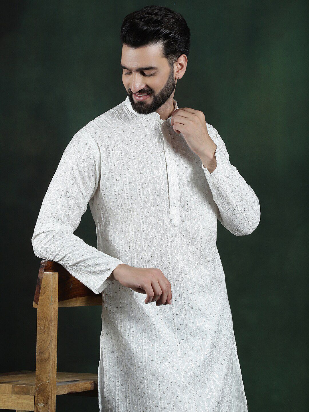 SOJANYA LUXE Tenunan Design sulaman Kolar Mandarin Benang Kerja Kapas Kurta Sutera