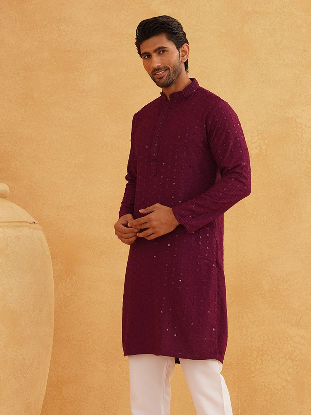 SOJANYA Motif Etnik Bersulam Labuci Lengan Panjang Kurta Kapas Tulen Lurus