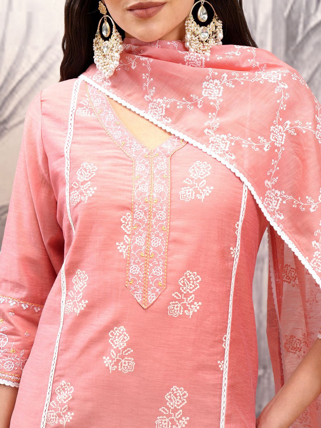 Vishudh Pink Floral Printed V-Neck Pure Cotton Straight Kurta With Trousers & Dupatta