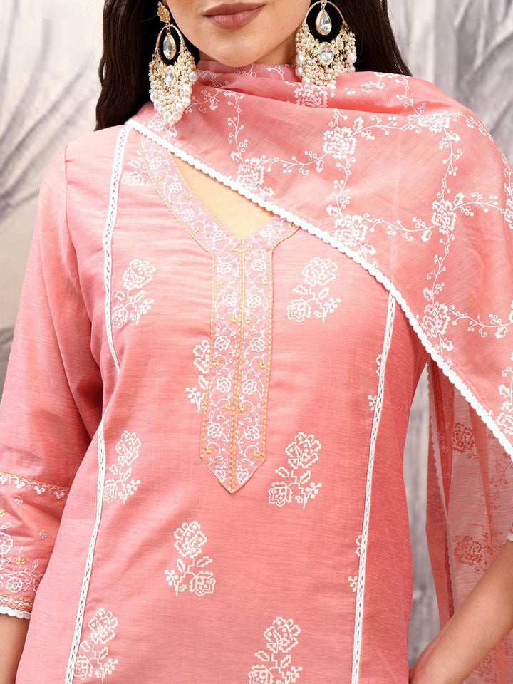 Vishudh Pink Floral Printed V-Neck Pure Cotton Straight Kurta With Trousers & Dupatta