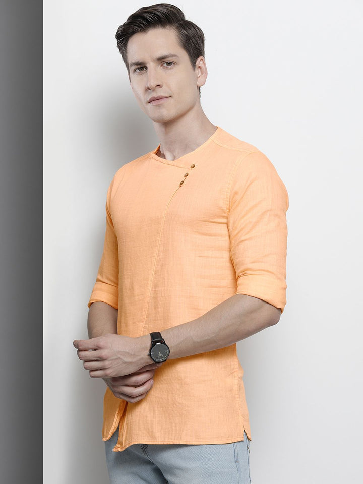 The Indian Garage Co Men Peach-Coloured Solid Angrakha Straight Kurta
