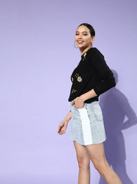 DressBerry Women Black Floral Acrylic Sweater