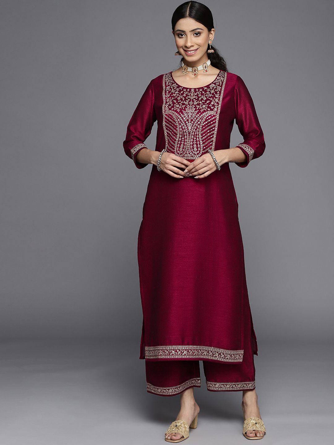 Libas Women Maroon Yoke Design Kurta