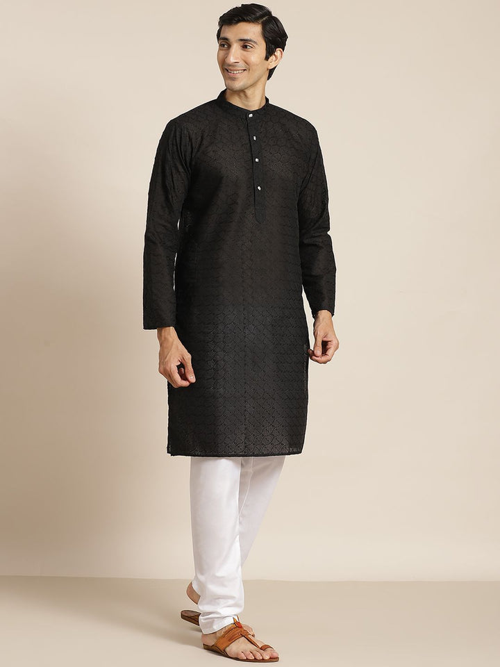 SOJANYA Lelaki Black Chikankari Pure Cotton Kurta with Churidar & Nehru Jacket