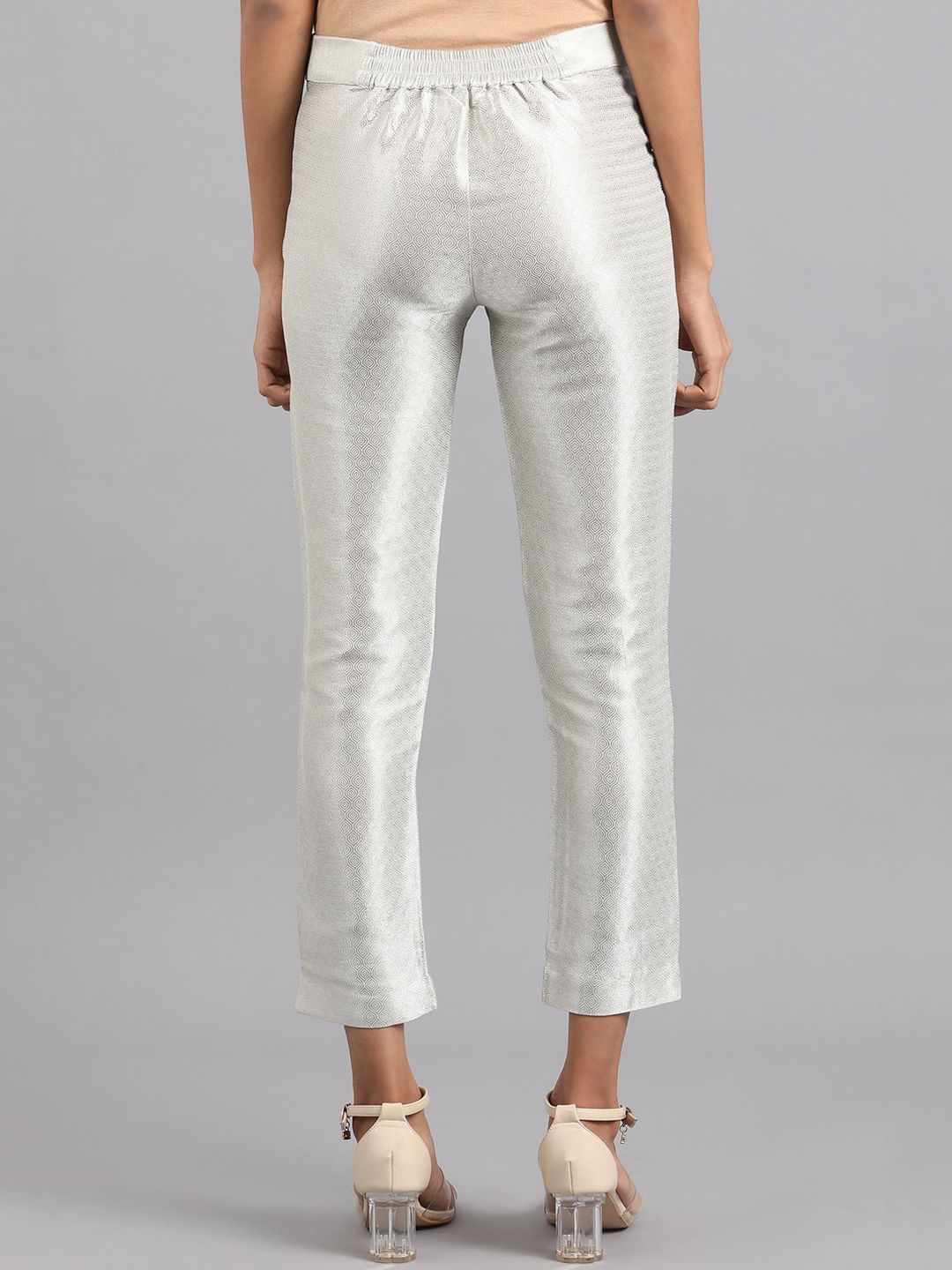 W Women Silver-Toned Striped Slim Fit Trousers