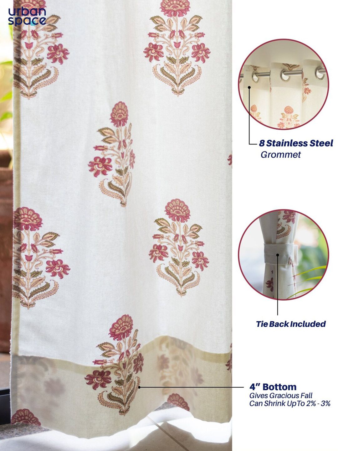 URBAN SPACE Off White & Maroon 2-Pieces Ethnic Motifs Cotton Long Door Curtains