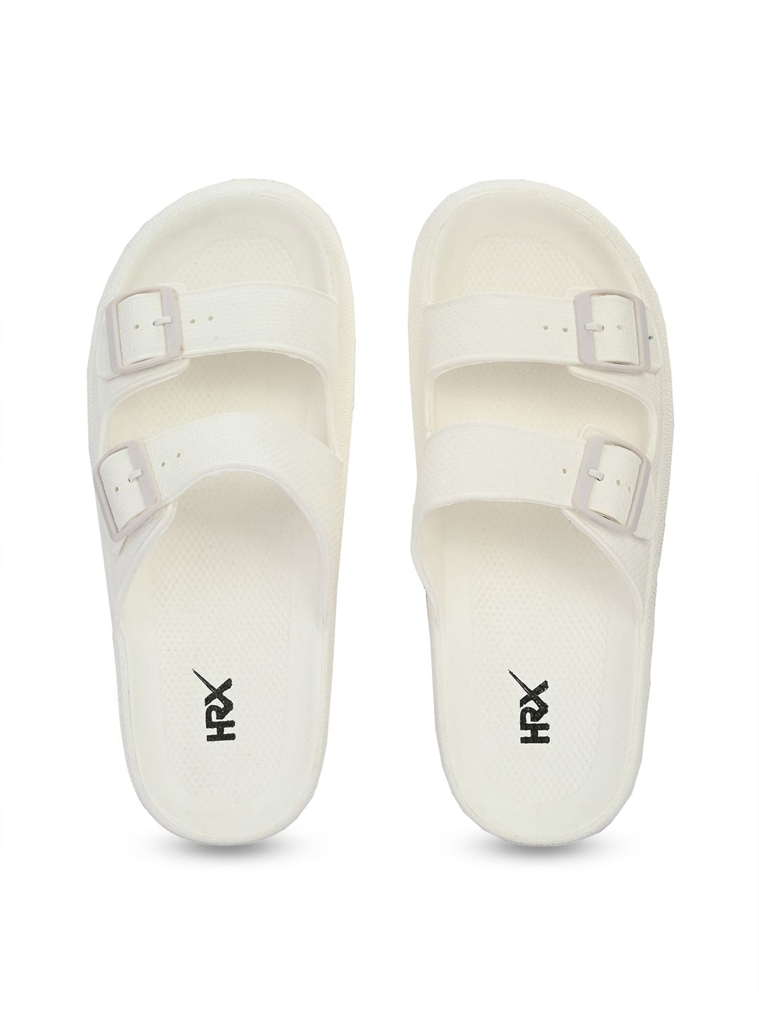 HRX by Hrithik Roshan Men White Two Strap Rubber Sliders With Buckle Detail