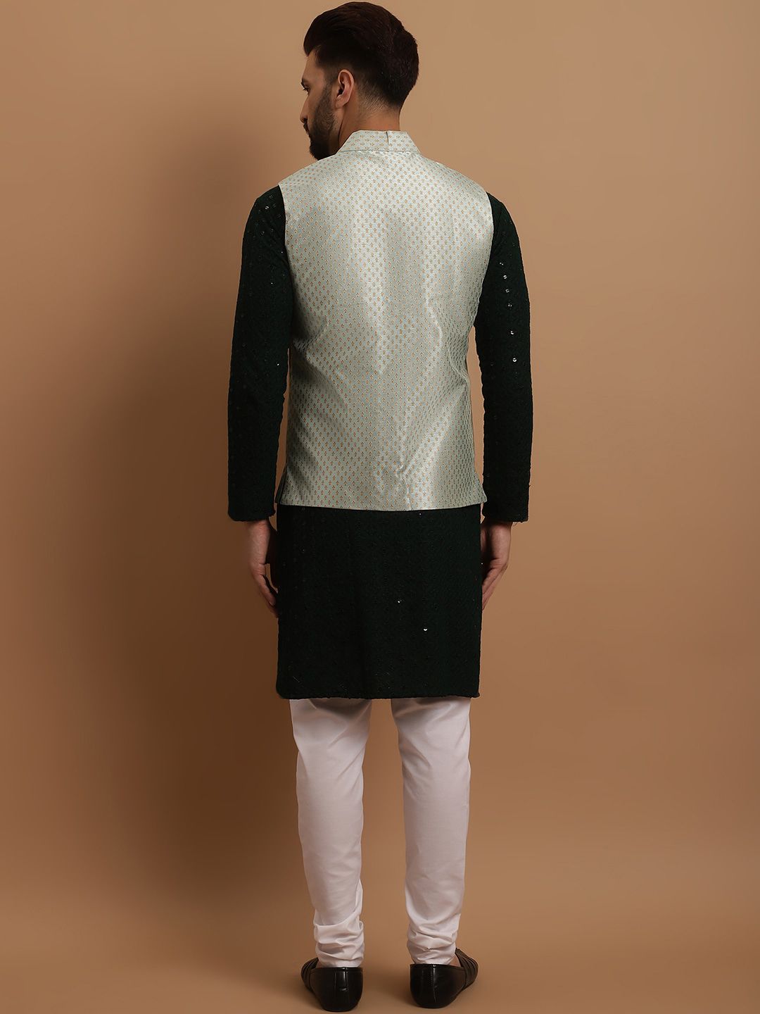 SOJANYA Ethnic Embroidered Sequinned Pure Cotton Kurta & Churidar With Nehru Jacket