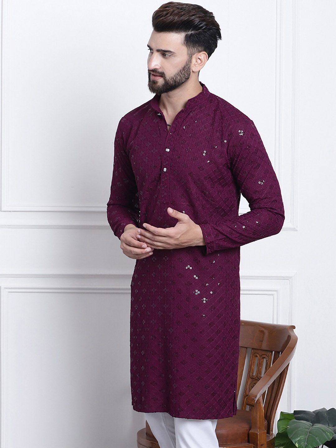 SOJANYA Embellished Mandarin Collar Pure Cotton Kurta