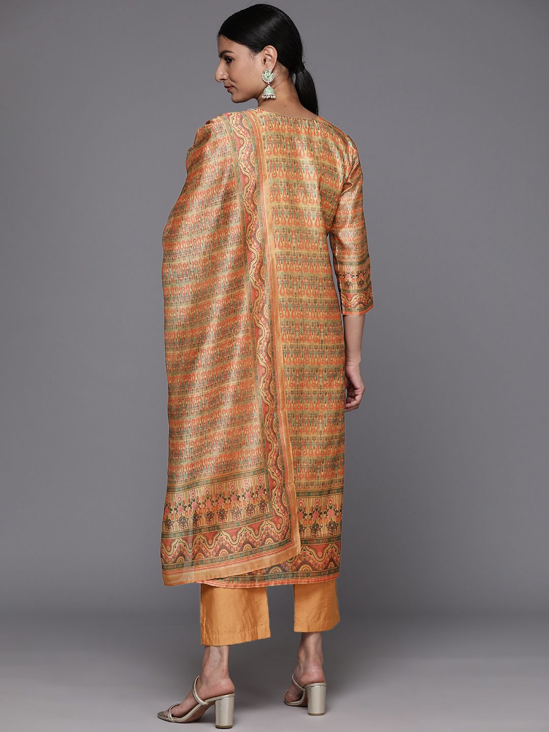 Varanga Women Coral Printed Regular Chanderi Silk Kurta with Trousers & With Dupatta