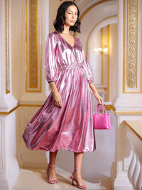 all about you Sheen Puff Sleeve Fit & Flare Midi Dress