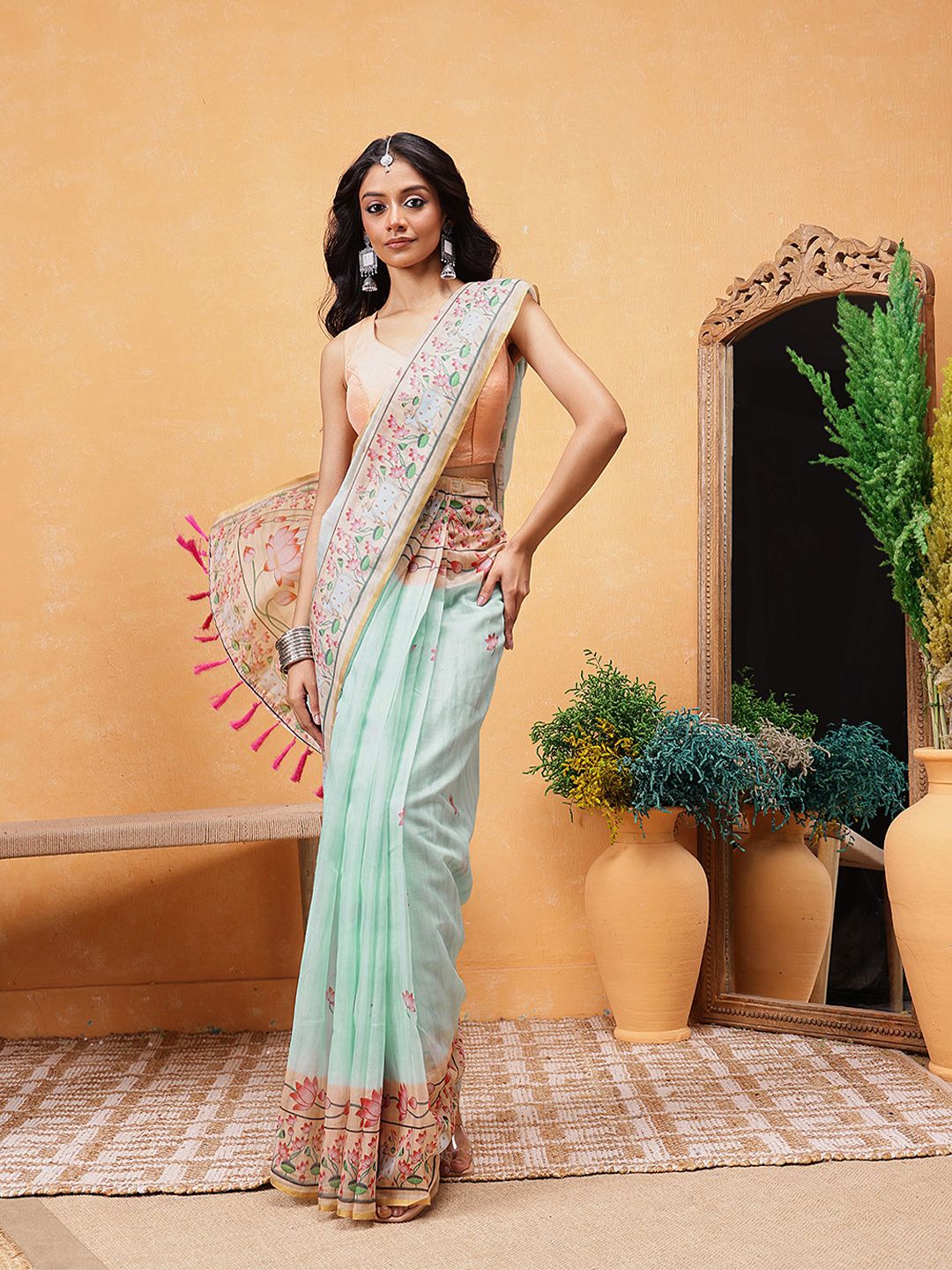 Silk Land Women Floral Print Ready To Wear Chanderi Saree