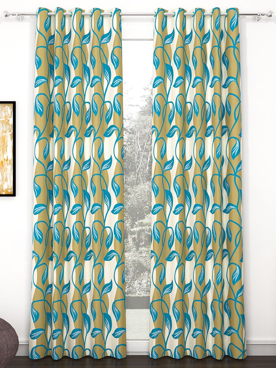 Story@home 2 Pieces White & Green Floral Door Curtains
