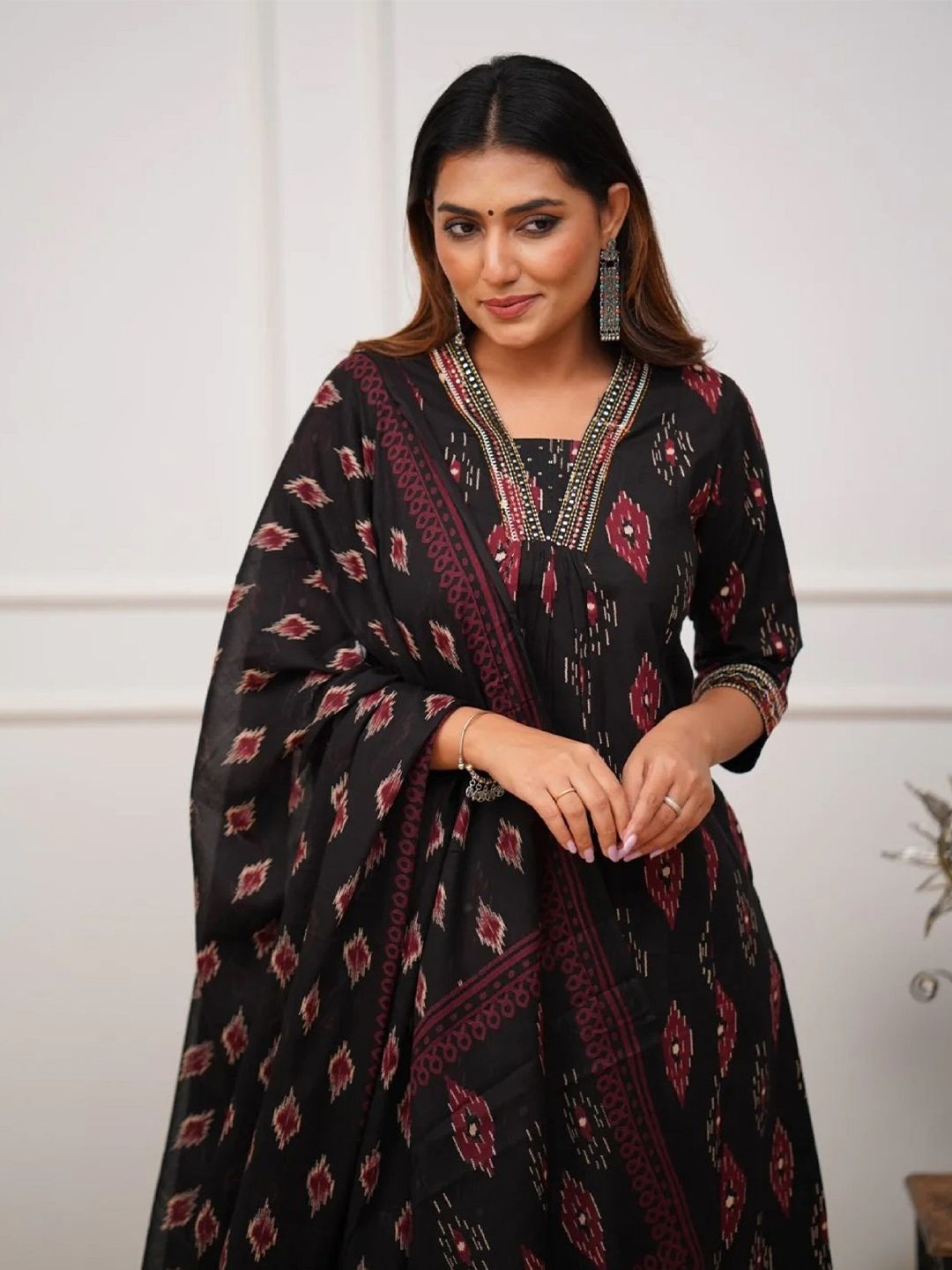 KALINI Printed V-Neck Kurta with Trousers & Dupatta