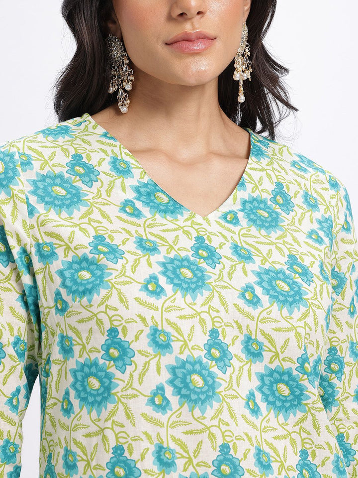 Anouk Floral Printed Pure Cotton Straight Kurta with Trousers & Dupatta