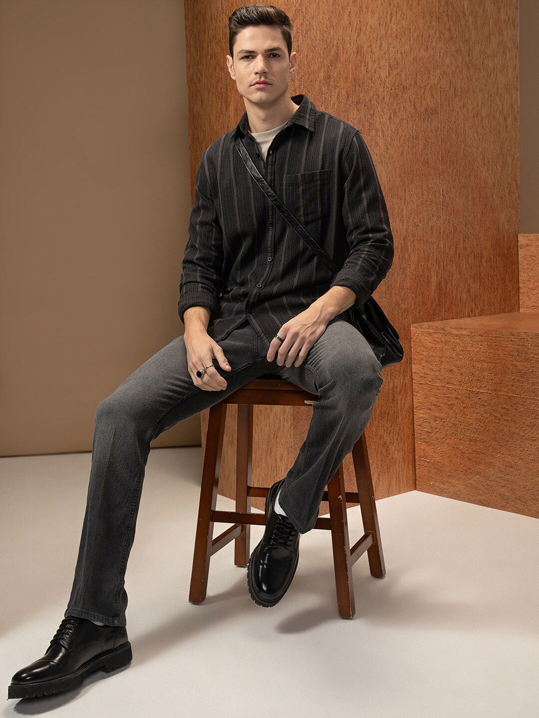 LOCOMOTIVE Premium Relaxed Fit Dobby Textured Striped Shirt