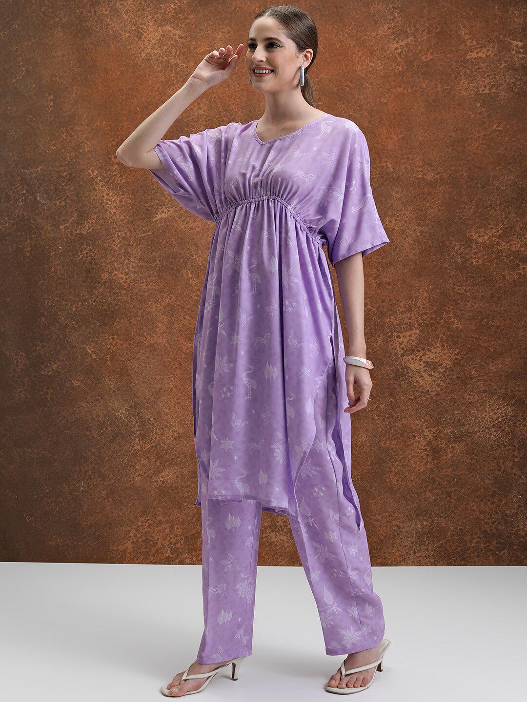 Vishudh Lavender Floral Printed Extended Sleeves Kaftan Tunic With Trousers