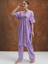 Vishudh Lavender Floral Printed Extended Sleeves Kaftan Tunic With Trousers