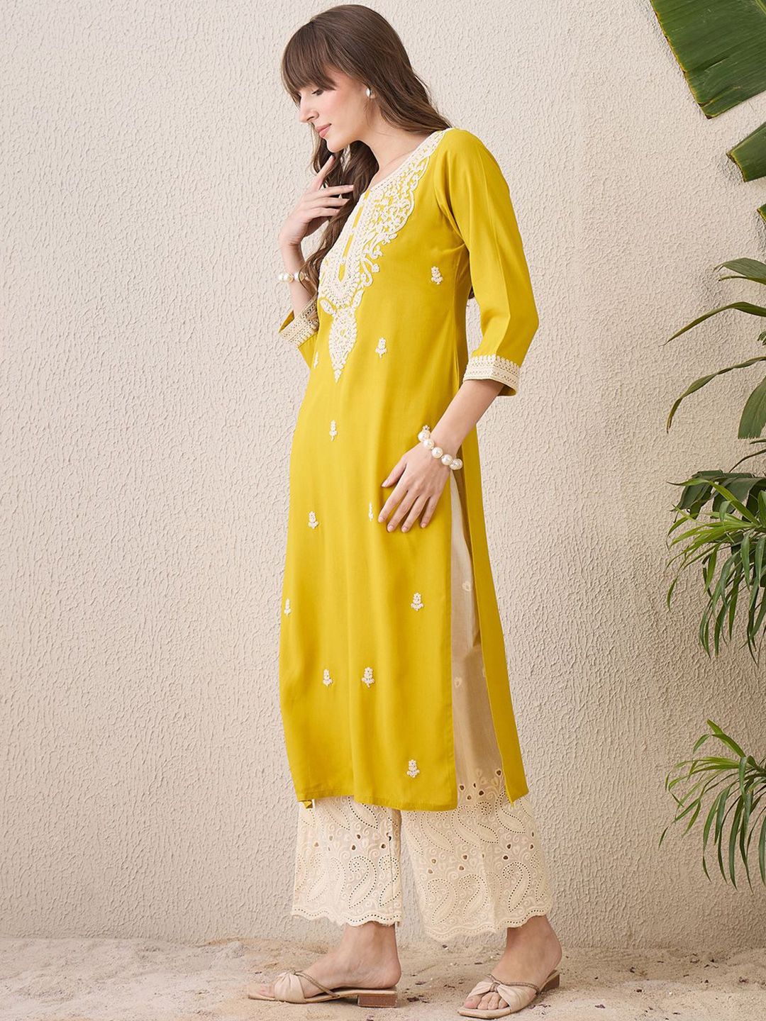 Indo Era Floral Embroidered Thread Work Cotton Straight Kurta