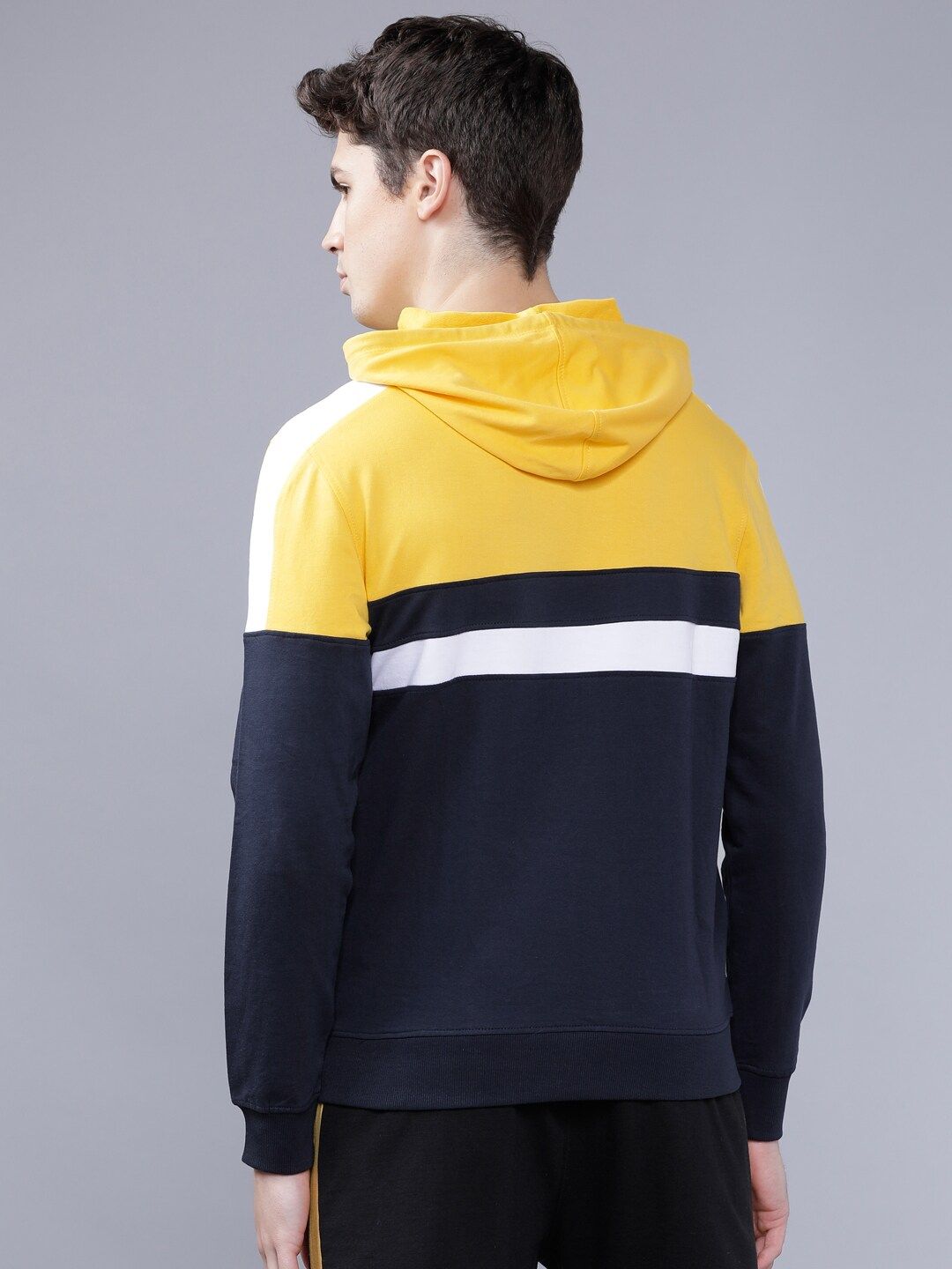 The Indian Garage Co Men Navy Blue & Yellow Colourblocked Hooded Sweatshirt