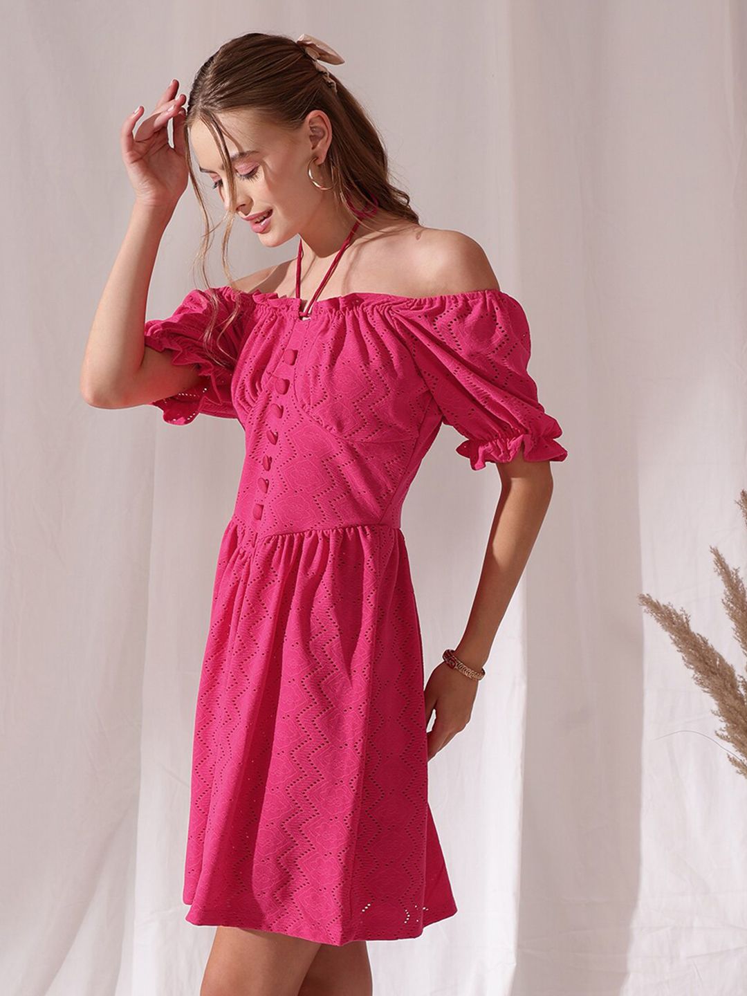 STREET 9 Off-Shoulder Puff Sleeve Schfilli Fit and Flared Dress