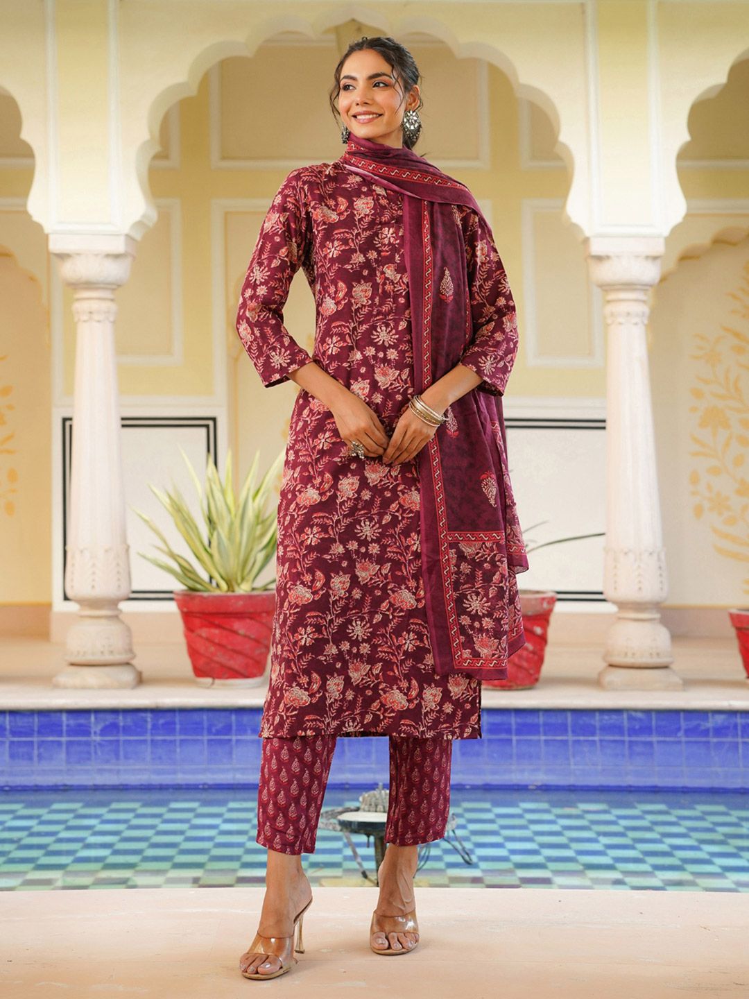 KALINI Floral Printed Straight Kurta With Trousers & Dupatta