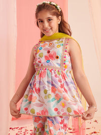 pspeaches Girls Floral Printed Angrakha Kurta with Sharara & With Dupatta