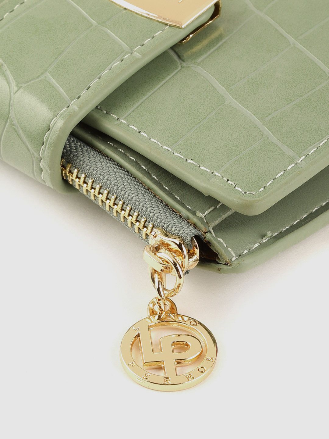 Lino Perros Women Sage Green Croc Textured Two Fold Wallet