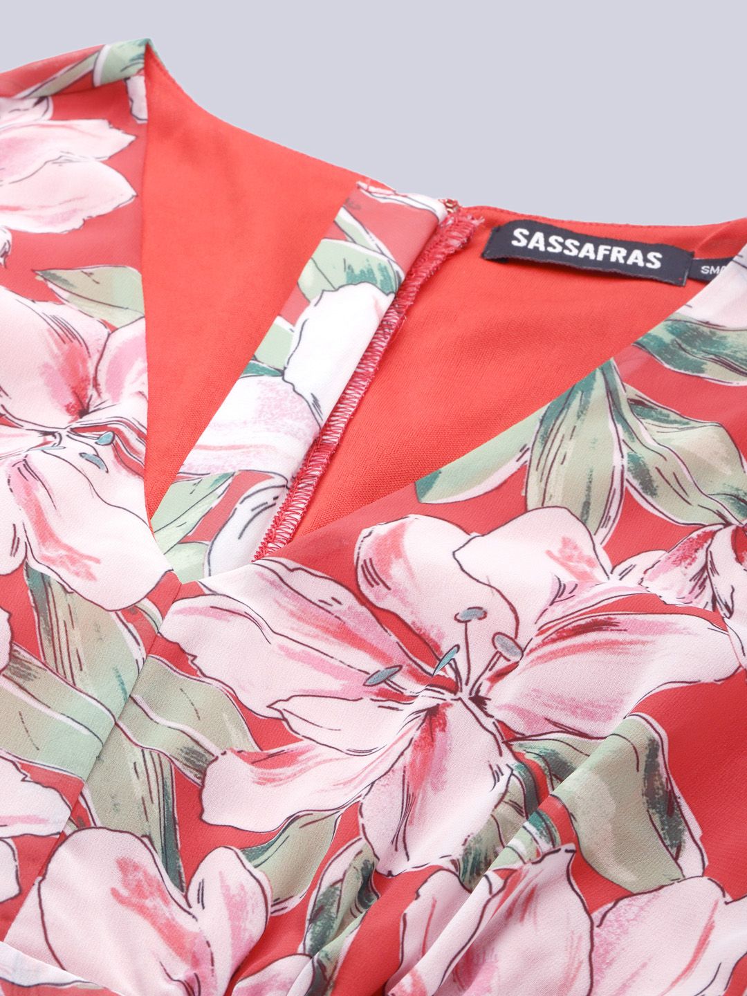 SASSAFRAS Coral Red & Green Floral Printed Layered Jumpsuit