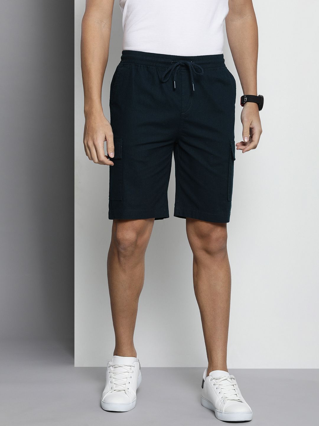 The Indian Garage Co Men Linen Cotton Slim Fit Cargo Shorts