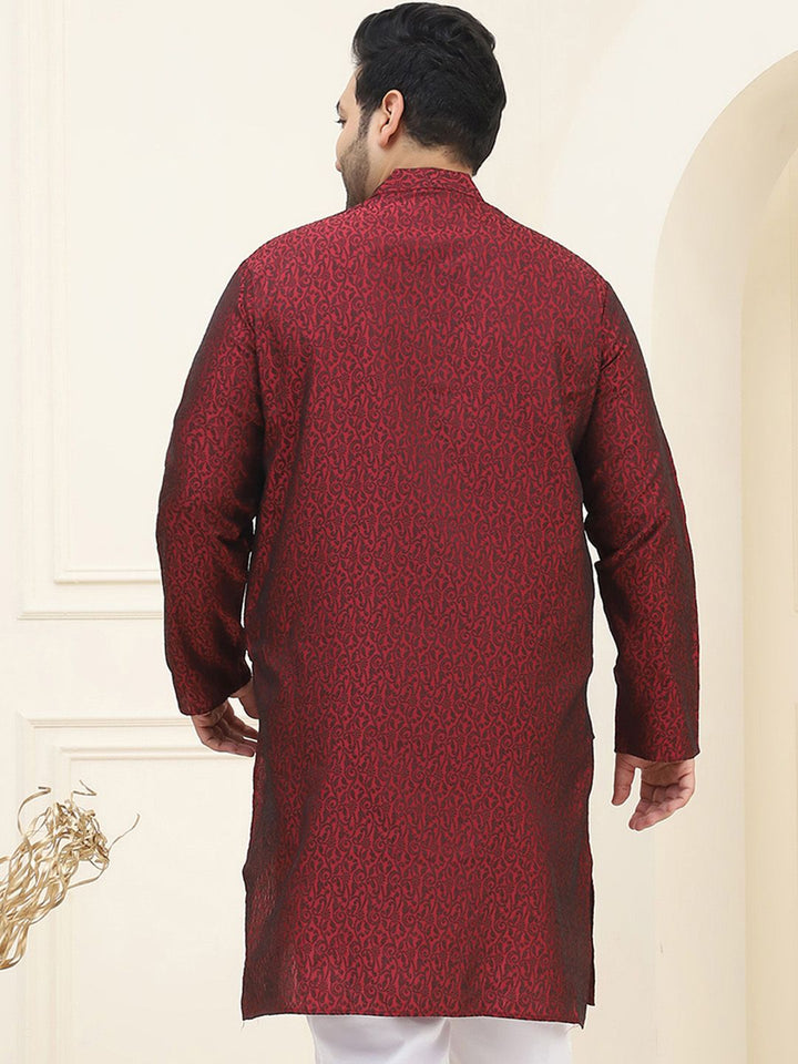 SOJANYA Plus Floral Embroidered Mandarin Collar Long Sleeve Cotton Silk Straight Kurta