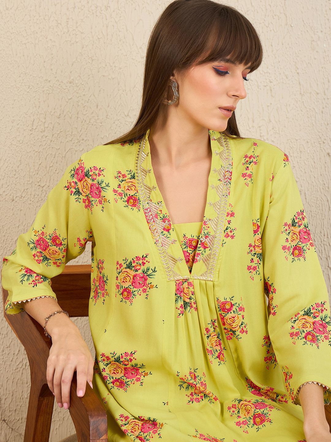 Indo Era Yellow Floral Embroidered V-Neck Zari Panelled A-Line Kurta