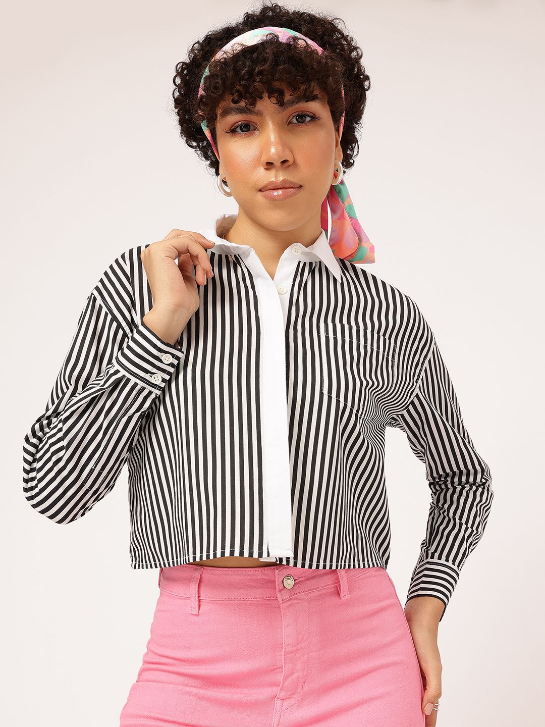 DressBerry Monochrome Stripes Contrast Placket Crop Shirt